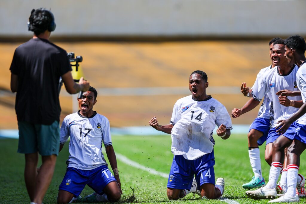 Veleni Rasorewa celebrates his goal at the OFC Men's U-16 Championship.